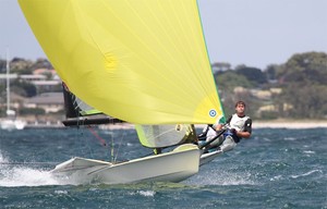 Sean O'Rourke and Edward Hackney go for flight under their yellow kite. - 49er National Championships photo copyright  Alex McKinnon Photography http://www.alexmckinnonphotography.com taken at  and featuring the  class