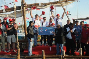 The top three teams on the podium with officials at the closing ceremony - 2012 Kingdom Match Race photo copyright Rami Ayoob taken at  and featuring the  class