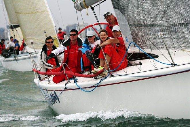 Audacious crew settle in just after the start - Festival of Sail - Melbourne to Geelong passage race ©  Alex McKinnon Photography http://www.alexmckinnonphotography.com