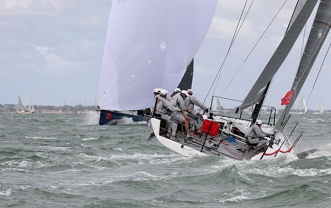 Leslie Green’s Ginger heads back up as Shogun V comes barrelling in  - Festival of Sails &copy;  John Curnow