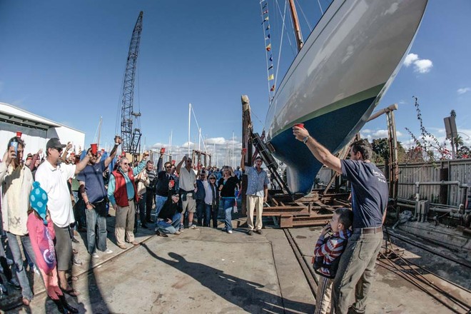 C.F. Koehler thanks the crowd gathered for his 1928 10-meter boat Sally, as she is about to be  relaunched  © Bob Grieser/Outside Images www.outsideimages.com