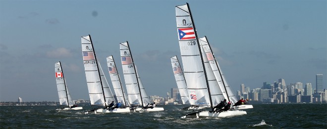 The first ever Nacra 17 race gets underway at ISAF Sailing World Cup Miami &copy; ISAF 
