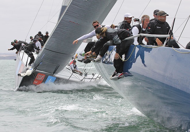 All available weight on the rail until the last moment with Shogun V leading Hooligan into the top mark. - TP52 Southern Cross Cup ©  John Curnow