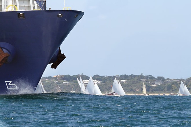 A large container ship heads out of Port Phillip just before the start - Gant Portsea Cup 2013 ©  Alex McKinnon Photography http://www.alexmckinnonphotography.com
