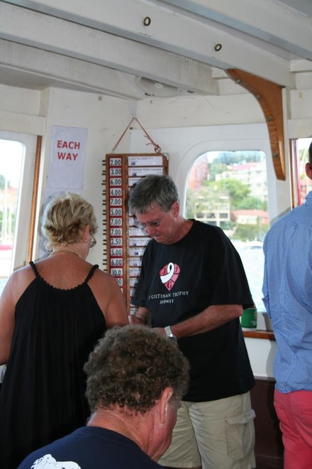 Action from on board the spectator ferry - what odds on the Kiwi’s? Betting on the water has always been part of the 18ft scene in Australia. For thos intreested in the odds being offered, Gotta Love It 7 is on the shortest odds followed by Thurlow Fisher Lawyers © Lyn Holland