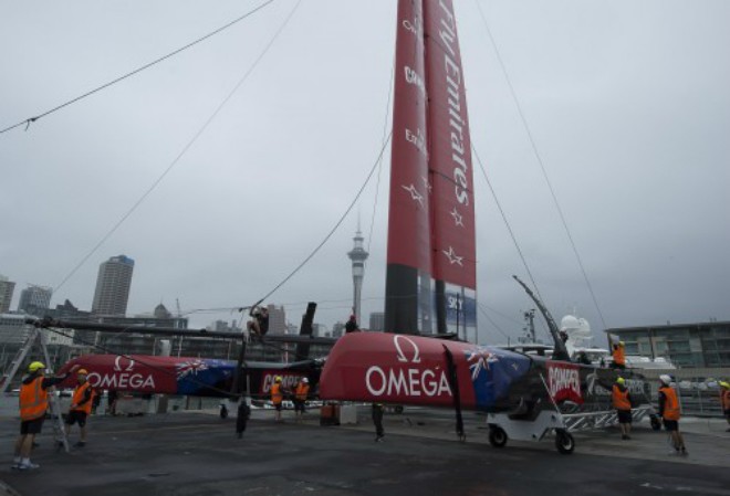 Emirates Team New Zealand roll the teams second AC72, NZL5 out of the tent for its naming ceremony. © Emirates Team New Zealand / Photo Chris Cameron ETNZ 