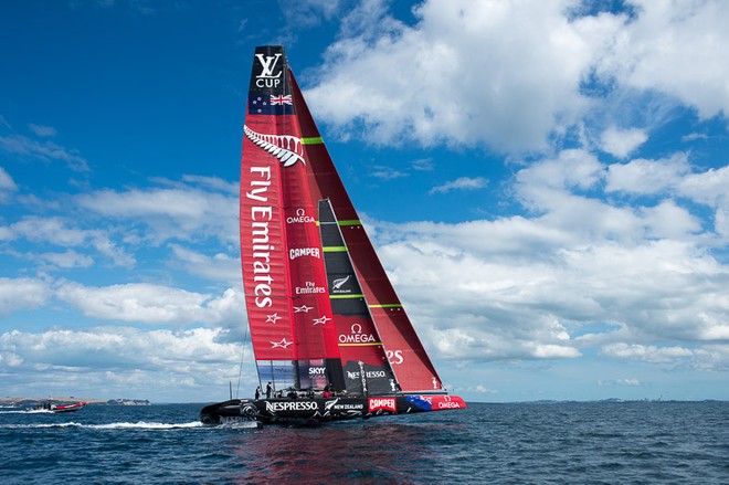 Emirates Team New Zealand’s second AC72, NZL5 goes for it’s first shake down sail.  © Chris Cameron/ETNZ http://www.chriscameron.co.nz
