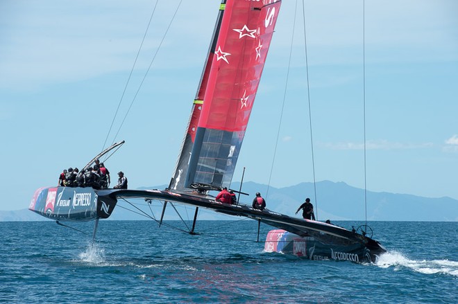 Emirates Team New Zealand’s second AC72, NZL5 goes for it’s first shake down sail.  © Chris Cameron/ETNZ http://www.chriscameron.co.nz