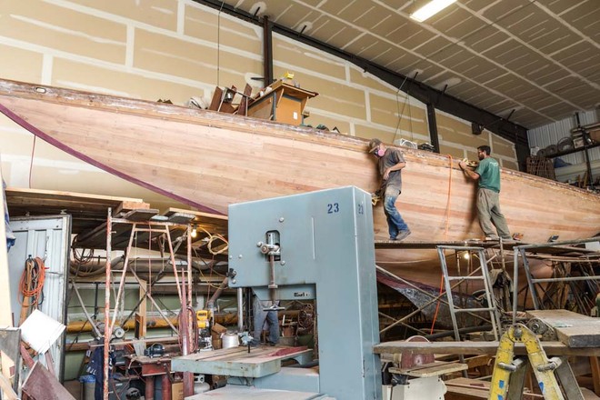 C.F. Koehler’s 1928 10-meter Sally is replanked with new Honduras mahogany planking and alternating steam bent oak  with cold-formed steel angles make up the frames.  © Bob Grieser/Outside Images www.outsideimages.com