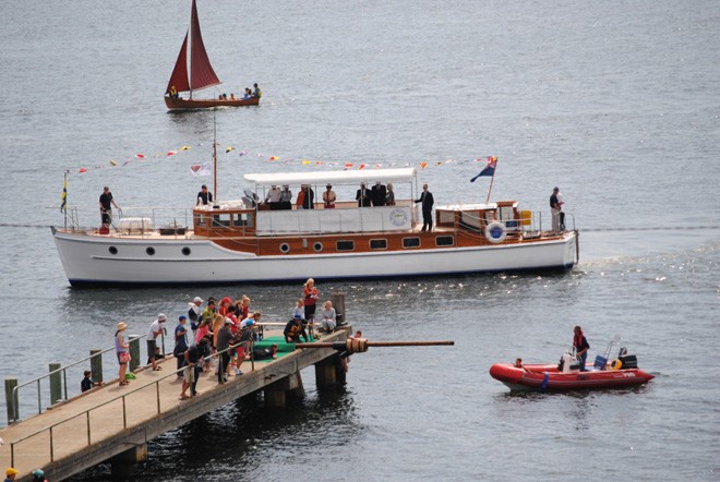 Tasmania’s Governor Peter Underwood AC got a close-up of the ’greasy pole’ contest when he arrived on the motor yacht Egeria for the 175th Royal Hobart Regatta © Peter Campbell