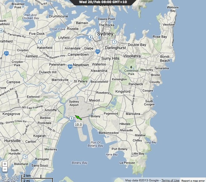 Real time readings at Sydney Airport showing wind direction and the race area on Sydney Harbour using the real time Observations feature of PredictWind © PredictWind.com www.predictwind.com