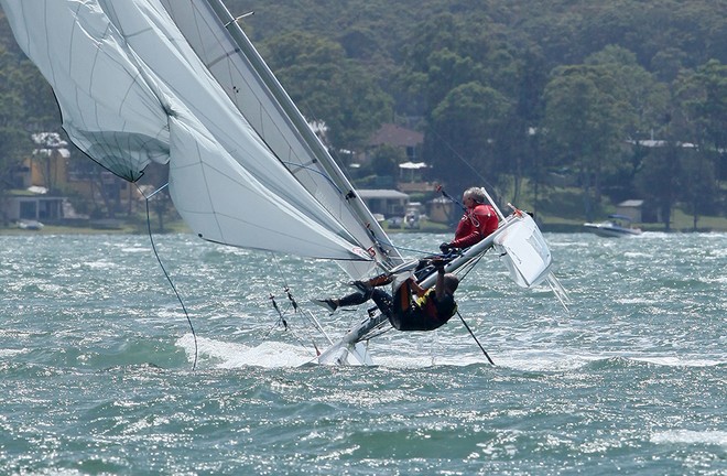 Peter Lane and Grant Maver hanging ten - F18 Nationals  © Crosbie Lorimer http://www.crosbielorimer.com