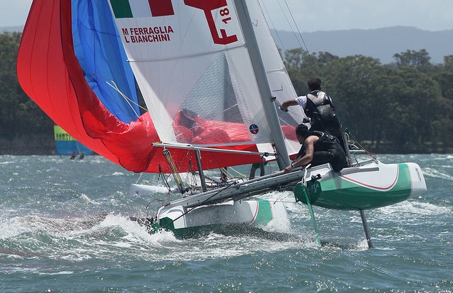 Italians Matteo Ferraglia and Lorenzo Bianchini hoist the kite on the bear away - F18 Nationals  © Crosbie Lorimer http://www.crosbielorimer.com