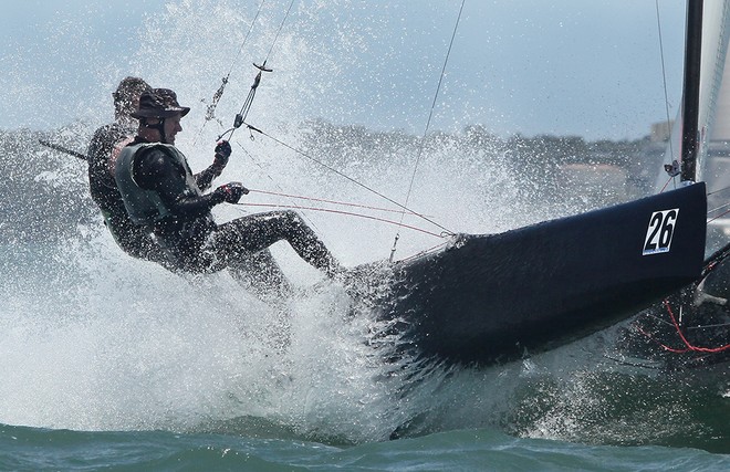 Sean Langman and Andrew Cheney blast through the chop - F18 Nationals  © Crosbie Lorimer http://www.crosbielorimer.com