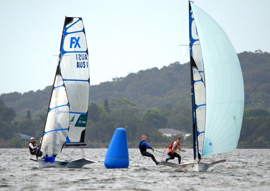 AUS 4 Haylee Outteridge/Michelle Muller lead AUS 1 Olivia Price/Caitlin Elks At Top Mark - Zhik NSW and ACT 9er State Championships © David Price