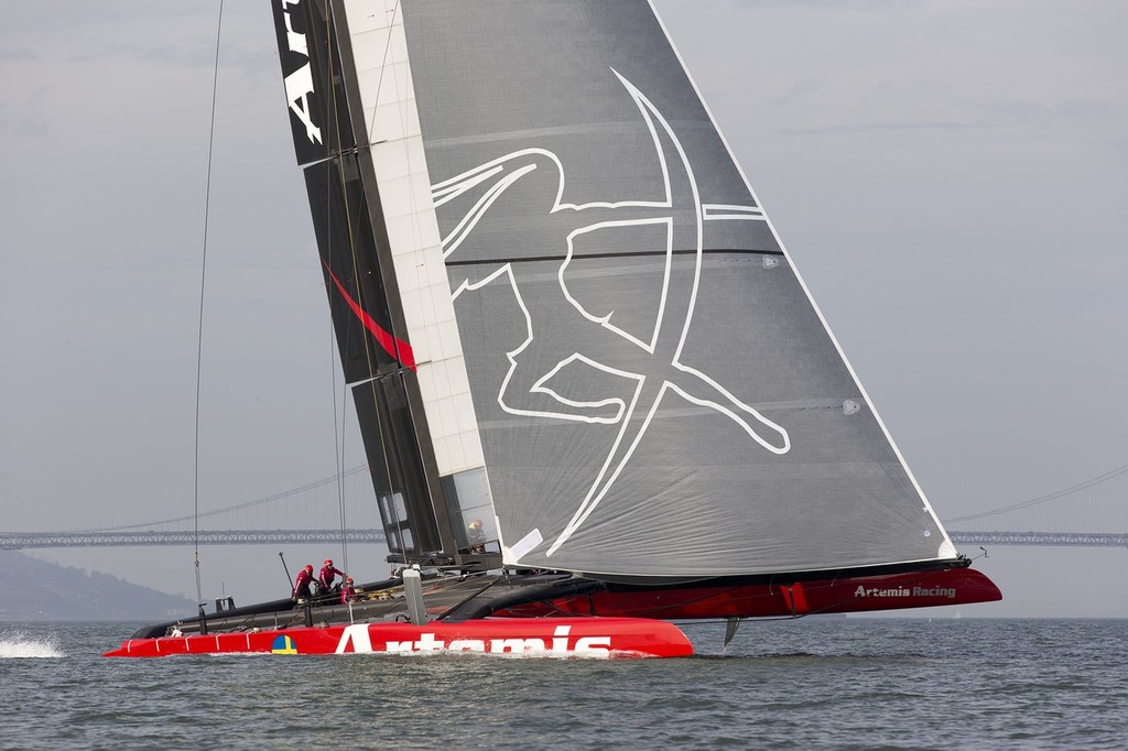 Artemis Racing shows the long slim hulls of the AC72, foiling is really only beneficial above 20kts of boat speed © Sander van der Borch / Artemis Racing http://www.sandervanderborch.com