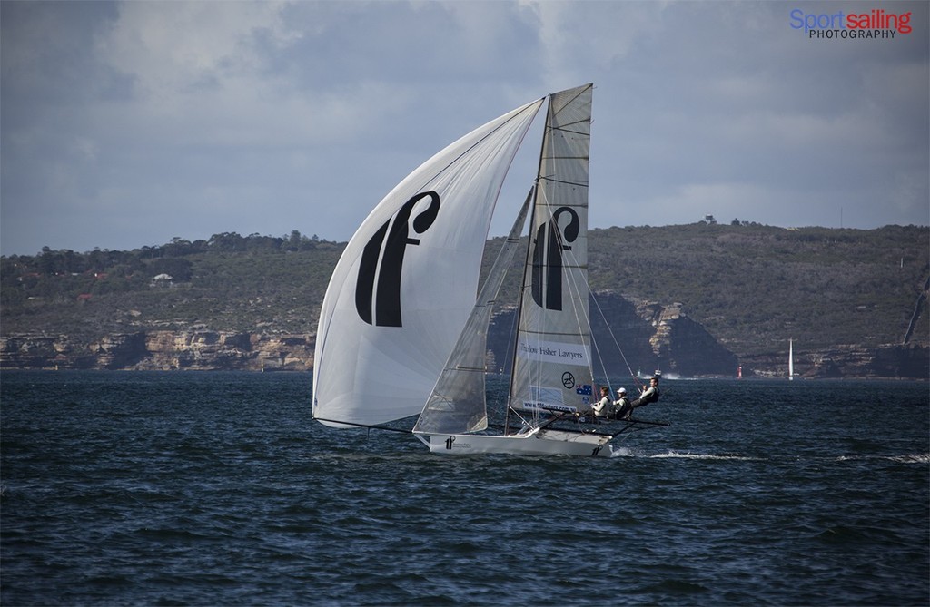 Thurlow Fisher Lawyers on the last kite run down to the finish to take out the race on day 4 - 18ft Skiff JJ Giltinan Championships 2013 - Day 4 photo copyright Beth Morley - Sport Sailing Photography http://www.sportsailingphotography.com taken at  and featuring the  class