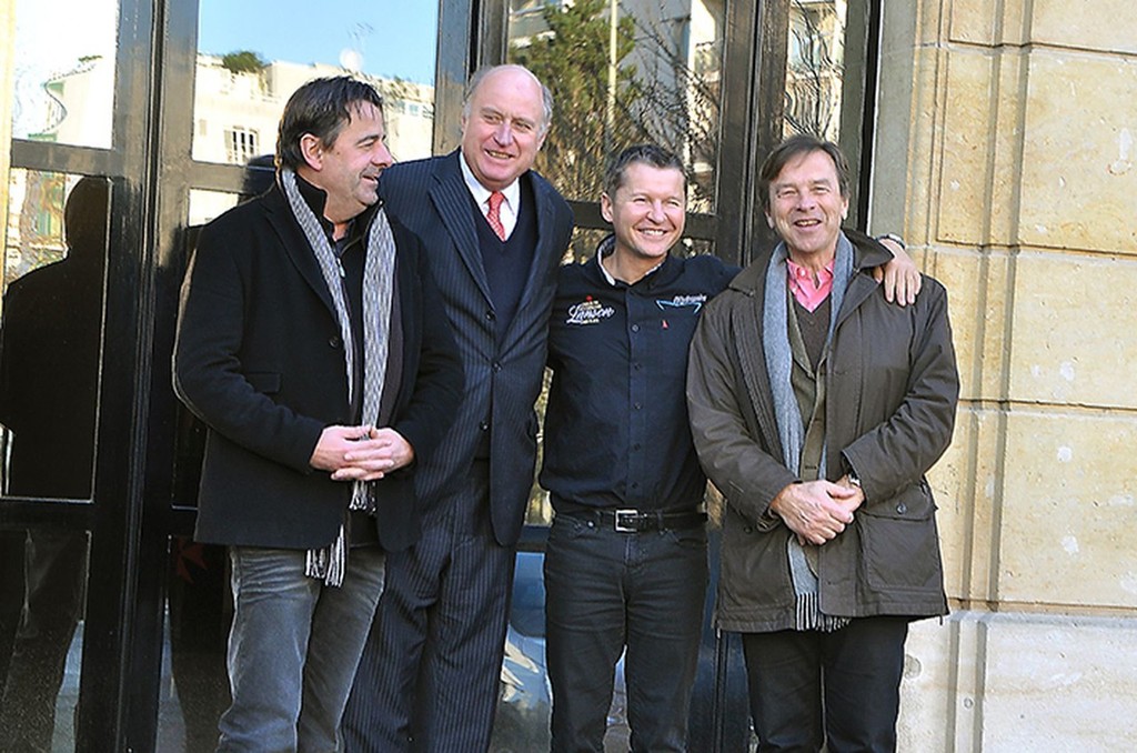 Januray 2013, meeting in Reims (FRA) at Champagnes Lanson with the three small official sponsors of Hydroptere. Alain Thébault with (from left to right) Michel Van Den Berghe (CEO Atheos), Philippe Baijot (CEO Lanson) et Arnaud Martin (CEO Clip Industrie) photo copyright  Christian Larue taken at  and featuring the  class