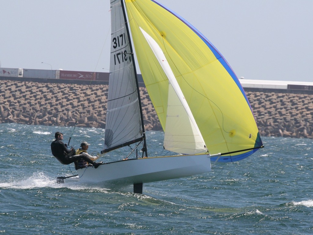 Fay and Blatchford get some air in the strong conditions at Yarra Bay - 2012-13 Cherub NSW State Championship Round 3 © Rolf Lunsmann