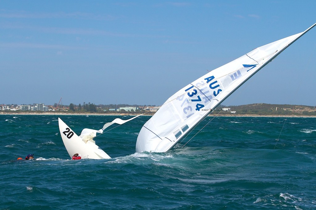 St John’s Dance going down.  The sails were removed and the yacht was left for retrieval tomorrow. - Prochoice Safety Gear Etchells Nationals © Ron Jensen