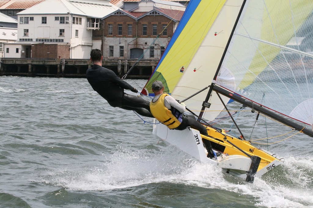 Current Natilnal Champions Trefor Fay and Nigel Blatchford work hrad on one of the tight reaches  in Race 7 - 2012-13 Cherub NSW State Championship Round 3 © Rolf Lunsmann
