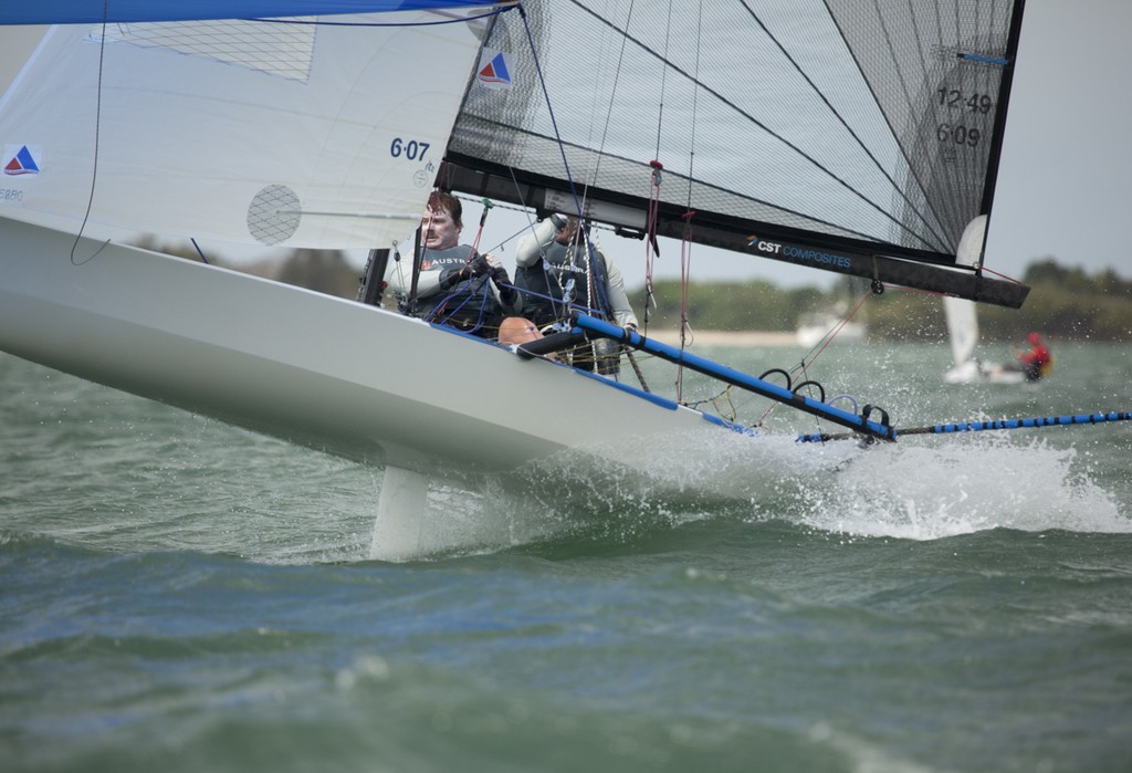 Krstic and Wilson fly downwind on the last leg to take their first win of the series  - Australian 14ft Skiff Championships 2012  © Andrew Gough