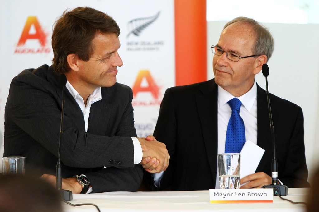 Knut Frostad (L) and Mayor Len Brown, ATEED and Auckland city announce that Auckland will host a stopover on the 2015 and 2018 Volvo Ocean Race, The Cloud, Queens Wharf, Auckland. 29 January 2013. Photo: William Booth/photosport.co.nz © SW