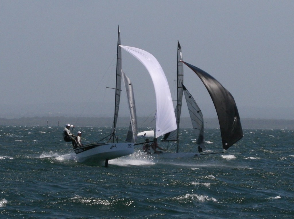 Andrew and David Stewart get some serious air in Race 8 - 2012-13 Cherub NSW State Championship Round 3 © Rolf Lunsmann