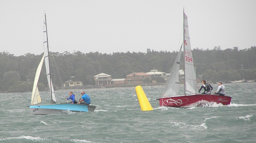 Blustery and choppy mark roundings after a fast spinnaker run - Warren Skyes and Braden Kaul, and Dave Hardaker and Jay Smith - MG14 National Titles &copy; Rohan Nosworthy