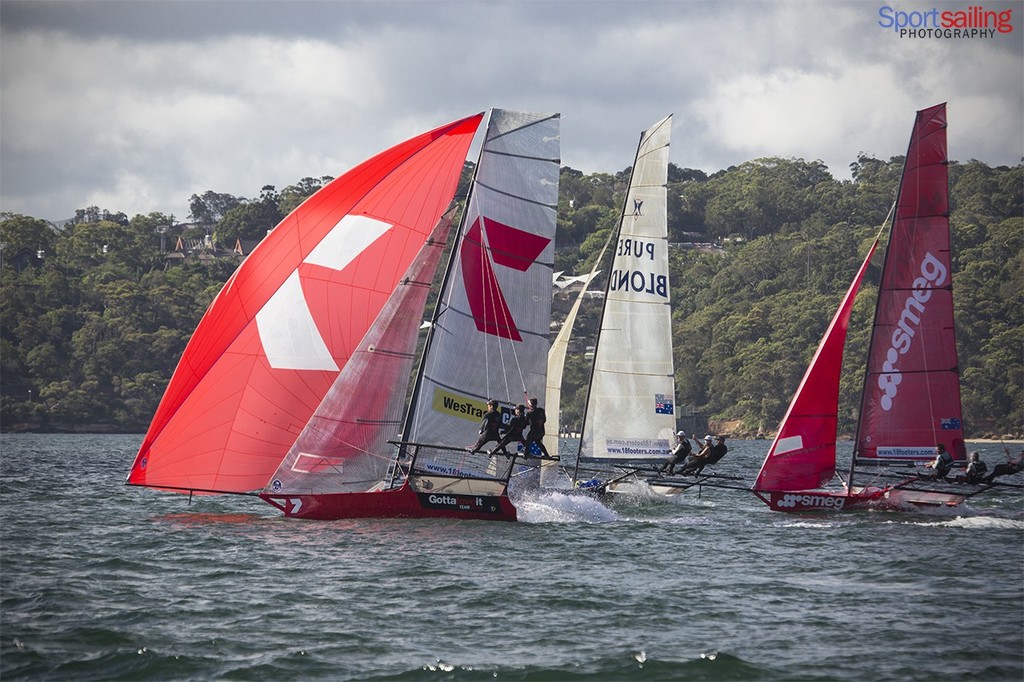 Smeg, Pure Blonde and Gotta Luv it 7 in a race for 3rd place over the line in day 4 - 18ft Skiff JJ Giltinan Championships2013 - Day 4 finsih line images photo copyright Beth Morley - Sport Sailing Photography http://www.sportsailingphotography.com taken at  and featuring the  class