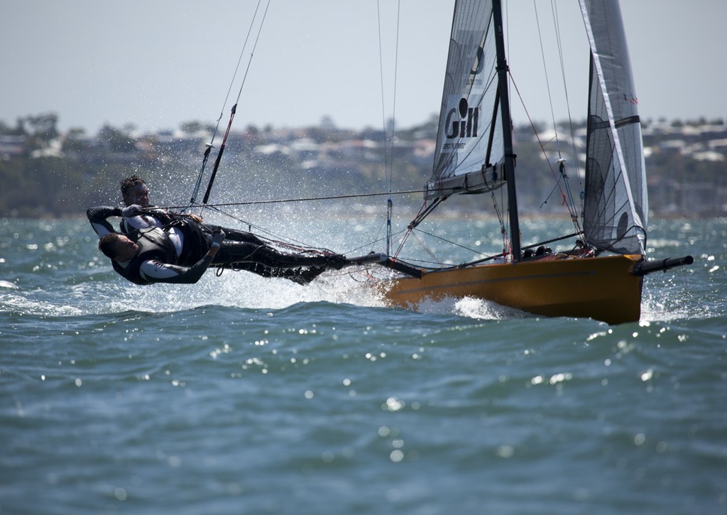 Devine and Furlong work it upwind to take both race wins today - International 14ft Skiff Australian Championships photo copyright Andrew Gough taken at  and featuring the  class