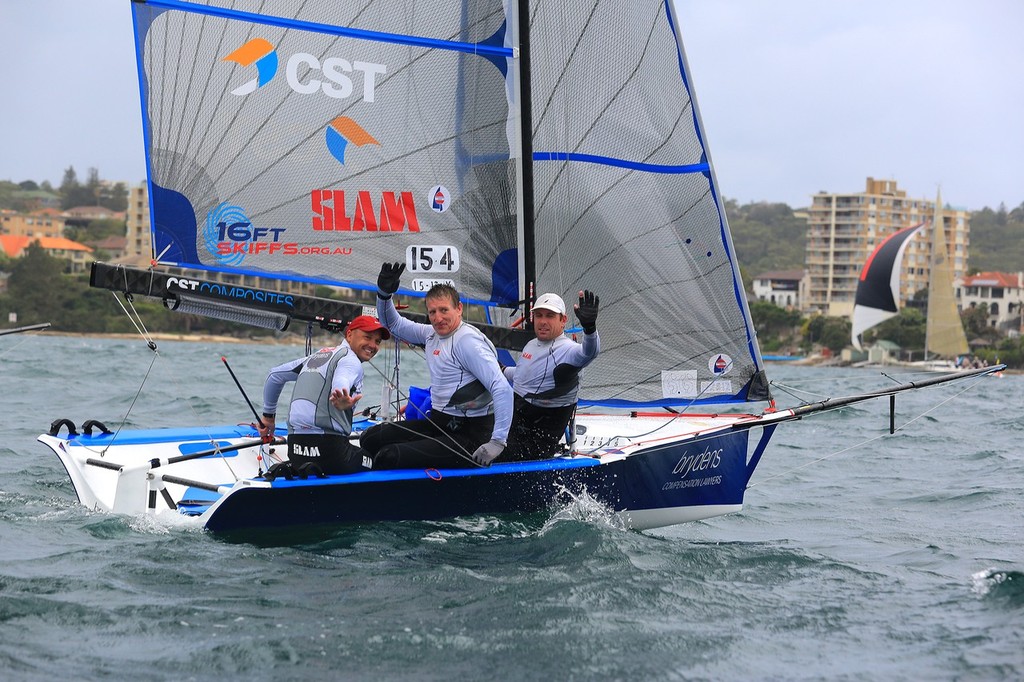 Lee Knapton, Pete Mackie and Ricky Bridge celebrate Brydens' national title - Australian 16ft Skiff Championships photo copyright Joe Murphy taken at  and featuring the  class