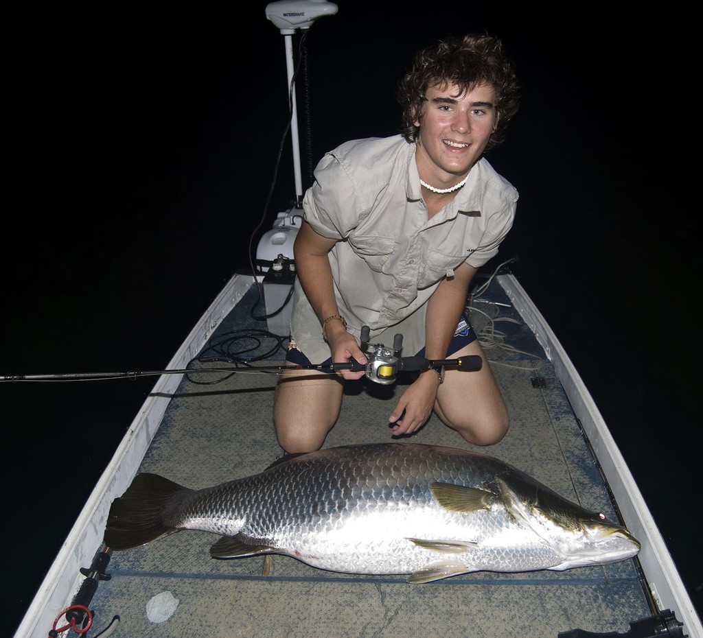 Isaac Fenech with a 121cm barra from Kinchant that was as long as the boat is wide! photo copyright Lee Brake taken at  and featuring the  class