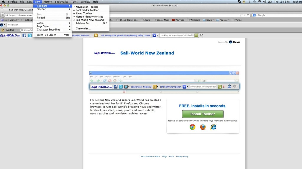 Click the appropriate drop down menu (this is on a Mac) to see the toolbars you have active and turn any off that you don&rsquo;t want. You can stop using the Sail-World toolbar by turning it off here, if you wish. photo copyright  SW taken at  and featuring the  class