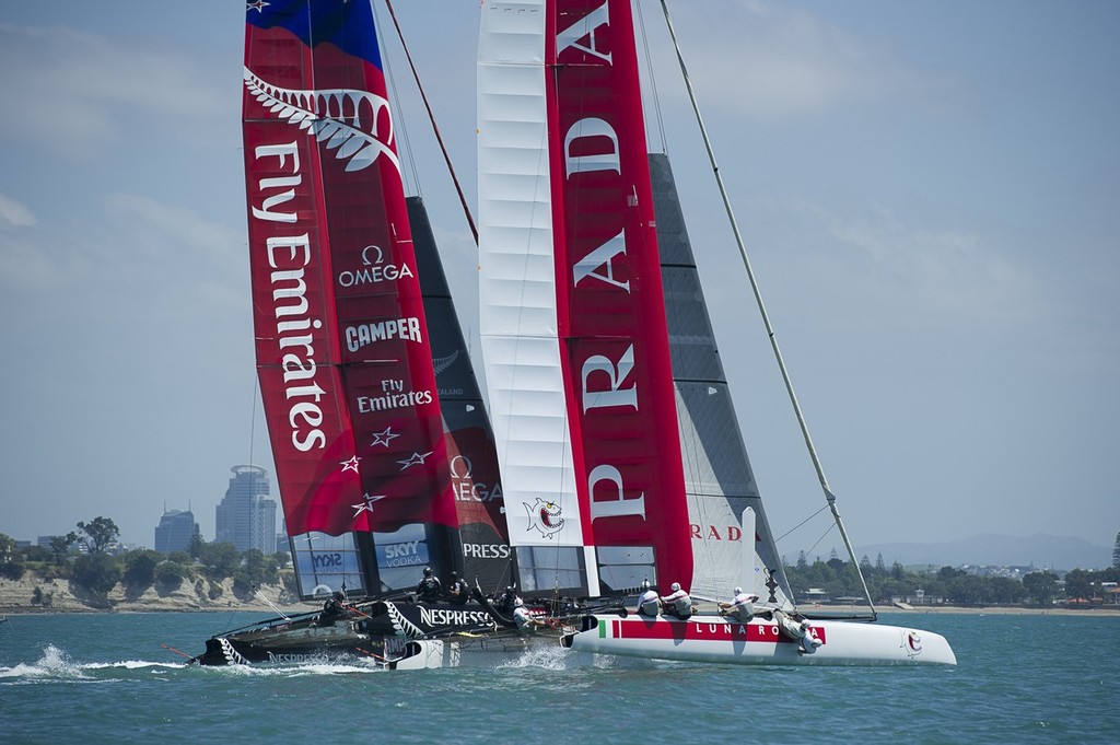 Emirates Team New Zealand and Luna Rossa practice recing in their AC45 on the Hauraki Gulf, Auckland. 10 /1/2013 © Chris Cameron/ETNZ http://www.chriscameron.co.nz