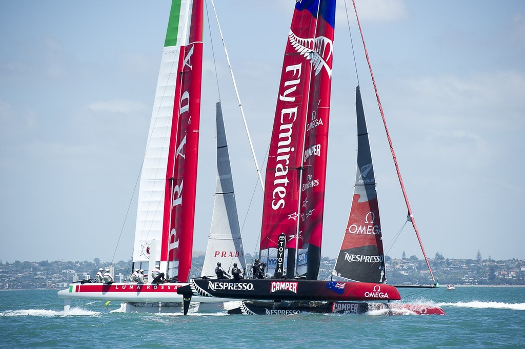 Emirates Team New Zealand and Luna Rossa practice racing in their AC45 on the Hauraki Gulf, Auckland.  © Chris Cameron/ETNZ http://www.chriscameron.co.nz