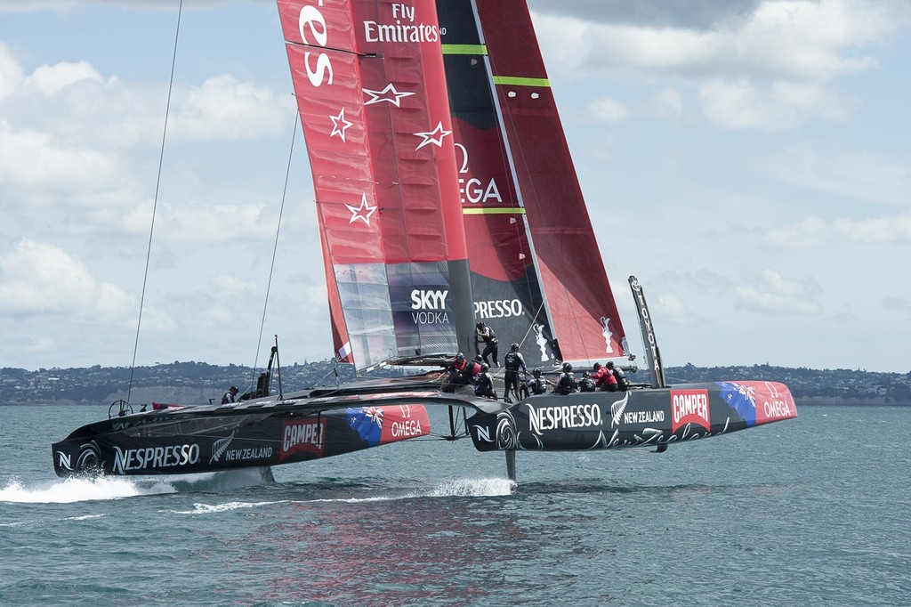 Emirates Team New Zealand’s second AC72, NZL5 goes for it’s first shake down sail. 12/2/2013 © Chris Cameron/ETNZ http://www.chriscameron.co.nz