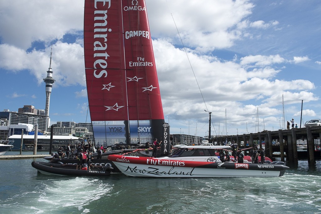 Emirates Team New Zealand’s second AC72, NZL5 returns to base after it’s first shake down sail.  © Chris Cameron/ETNZ http://www.chriscameron.co.nz