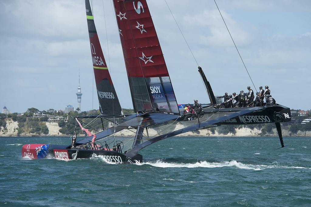Emirates Team New Zealand, NZL5 takes to the air again on its second day sailing in Auckland. 14/2/2013 © Chris Cameron/ETNZ http://www.chriscameron.co.nz