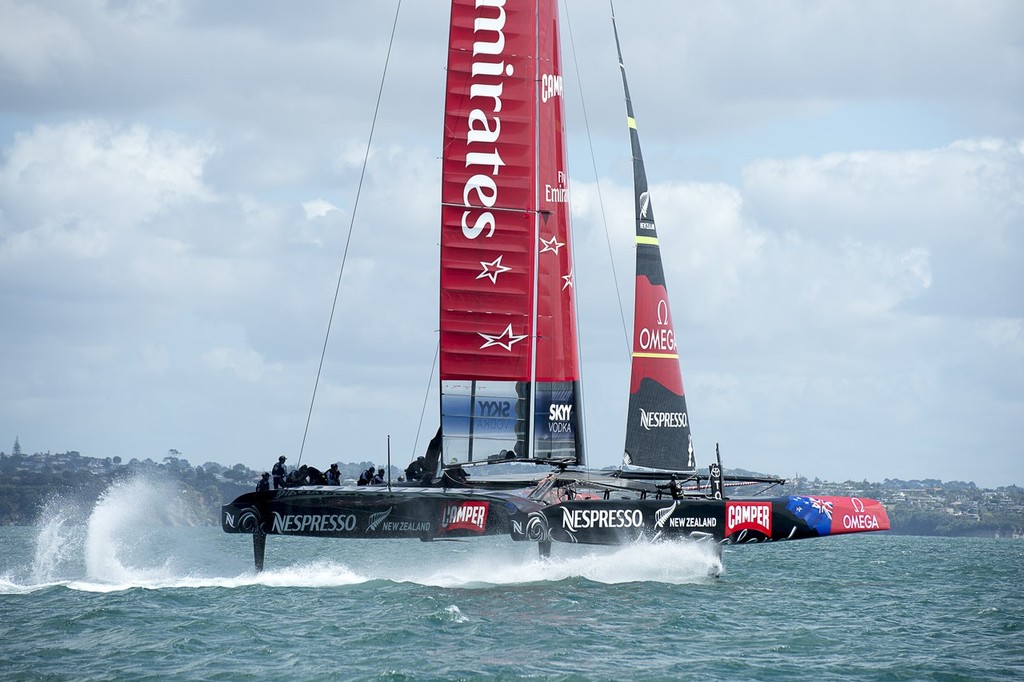 Emirates Team New Zealand, NZL5 takes to the air again on its second day sailing in Auckland.  © Chris Cameron/ETNZ http://www.chriscameron.co.nz