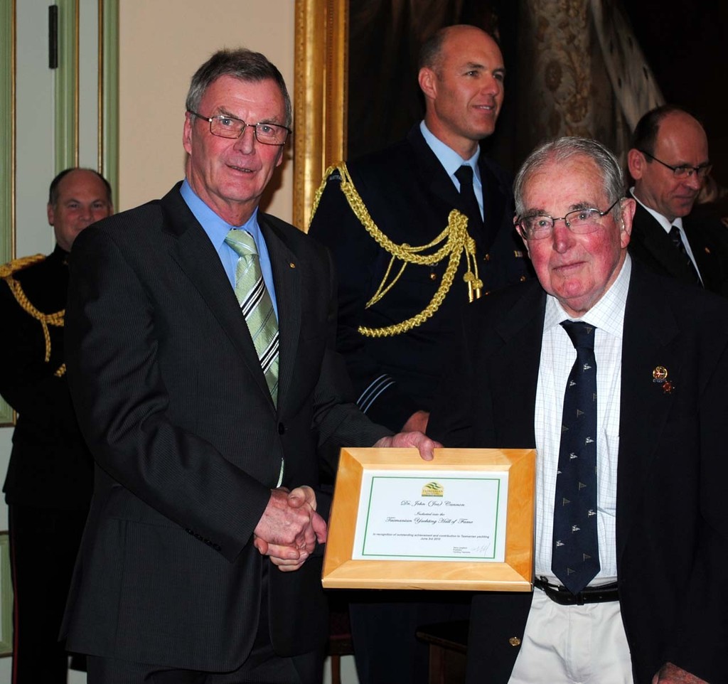 Dr Joe Cannon OAM being inducted into the Tasmanian Yachting Hall of Fame in 2010 by the Governor of Tasmania,  Peter Underwood AC © Peter Campbell
