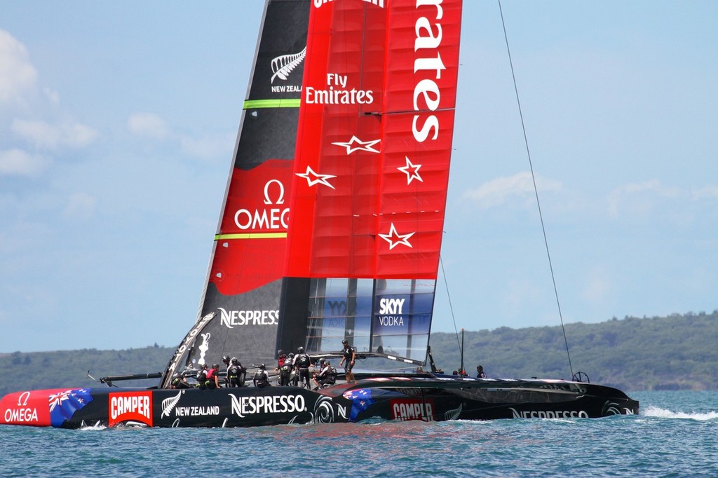 Setting up - Emirates Team NZ - AC72 Aotearoa February 12, 2013 photo copyright Richard Gladwell www.photosport.co.nz taken at  and featuring the  class