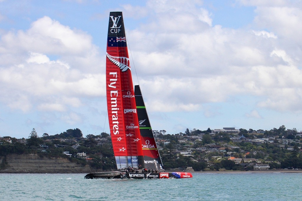 Pulls on the wind for the first time - Emirates Team NZ - AC72 Aotearoa February 12, 2013 photo copyright Richard Gladwell www.photosport.co.nz taken at  and featuring the  class