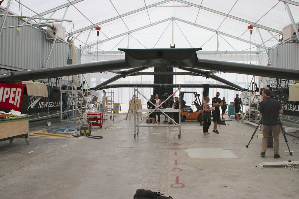 Y-structure looking aft with wingsail support in the centre foreground - Emirates Team NZ - Media Day January 17, 2012 photo copyright Richard Gladwell www.photosport.co.nz taken at  and featuring the  class