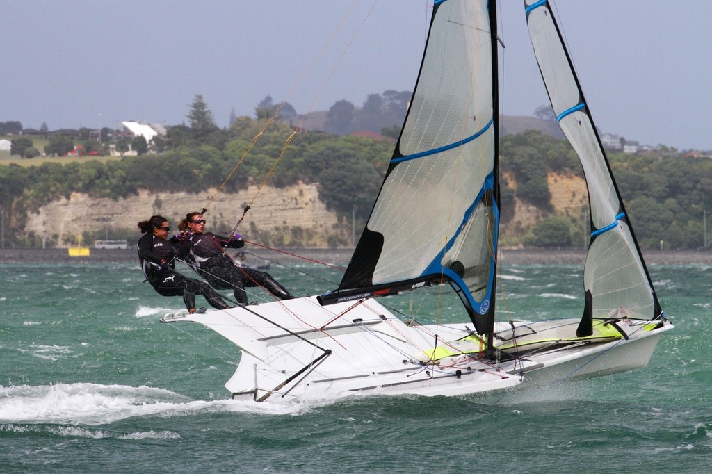 Alex Maloney and Molly Meech - 49erFX - Day 4, Oceanbridge Sail Auckland 2013 photo copyright Richard Gladwell www.photosport.co.nz taken at  and featuring the  class