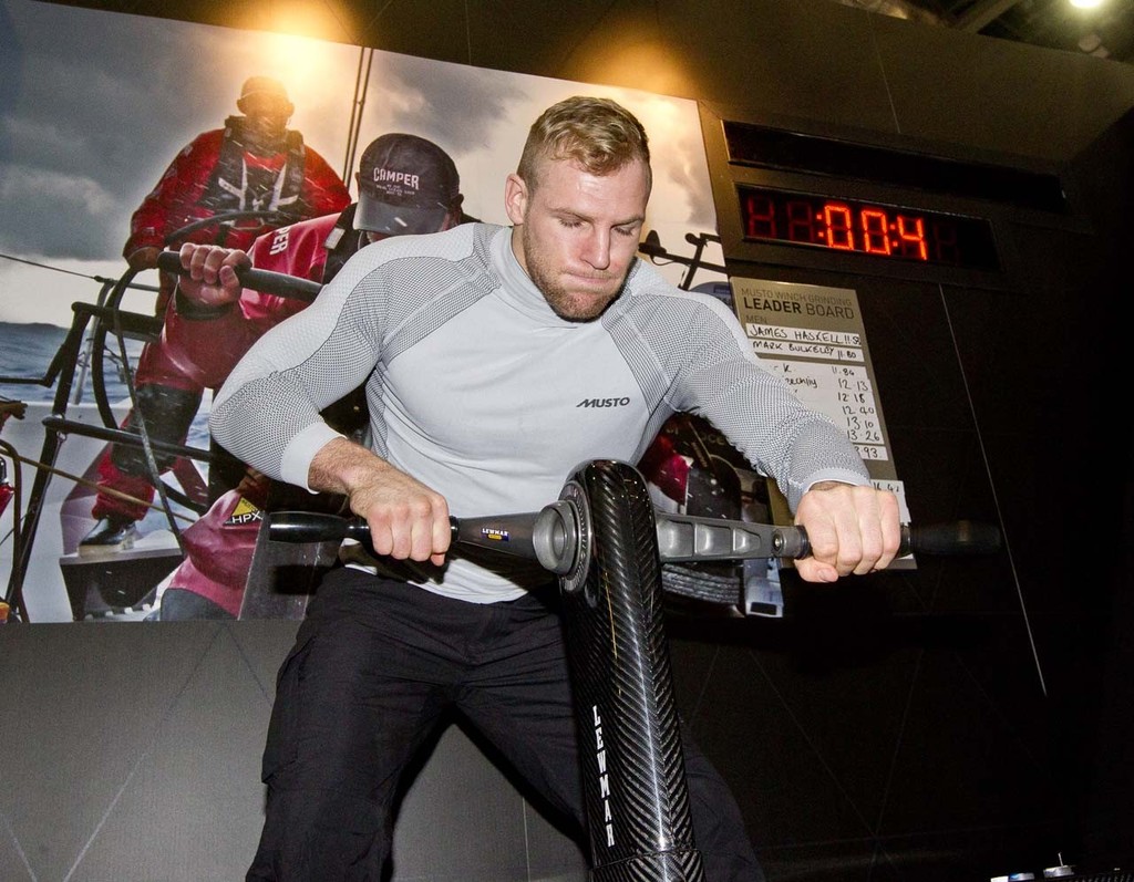 James Haskell sets a new record of 11.53 second on the Musto Winch Grinding Challenge at the Tullett Prebon London Boat Show, ExCeL, London. © onEdition http://www.onEdition.com