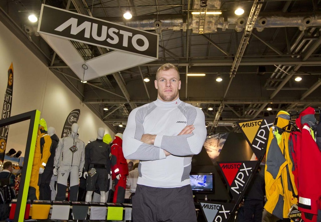 James Haskell sets a new record of 11.53 second on the Musto Winch Grinding Challenge at the Tullett Prebon London Boat Show, ExCeL, London. © onEdition http://www.onEdition.com