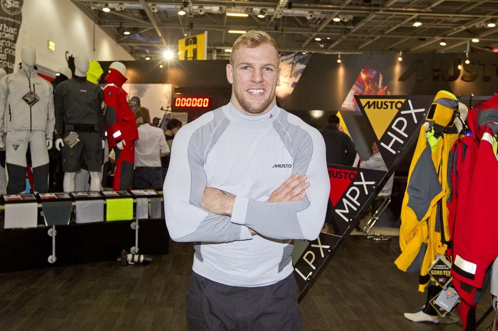 James Haskell sets a new record of 11.53 second on the Musto Winch Grinding Challenge at the Tullett Prebon London Boat Show, ExCeL, London. © onEdition http://www.onEdition.com