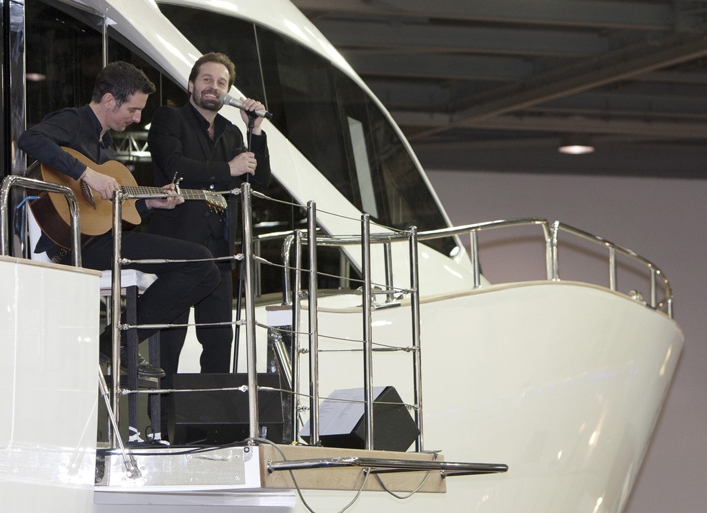 The launch of the Sunseeker Predator 68 at the Tullett Prebon London Boat Show, ExCeL, London, with singer Alfie Boes.<br />
<br />
L to R: Robert Braithwaite, MD Sunseeker and  Suzi Perry BBC Formula 1 commentator.  © onEdition http://www.onEdition.com