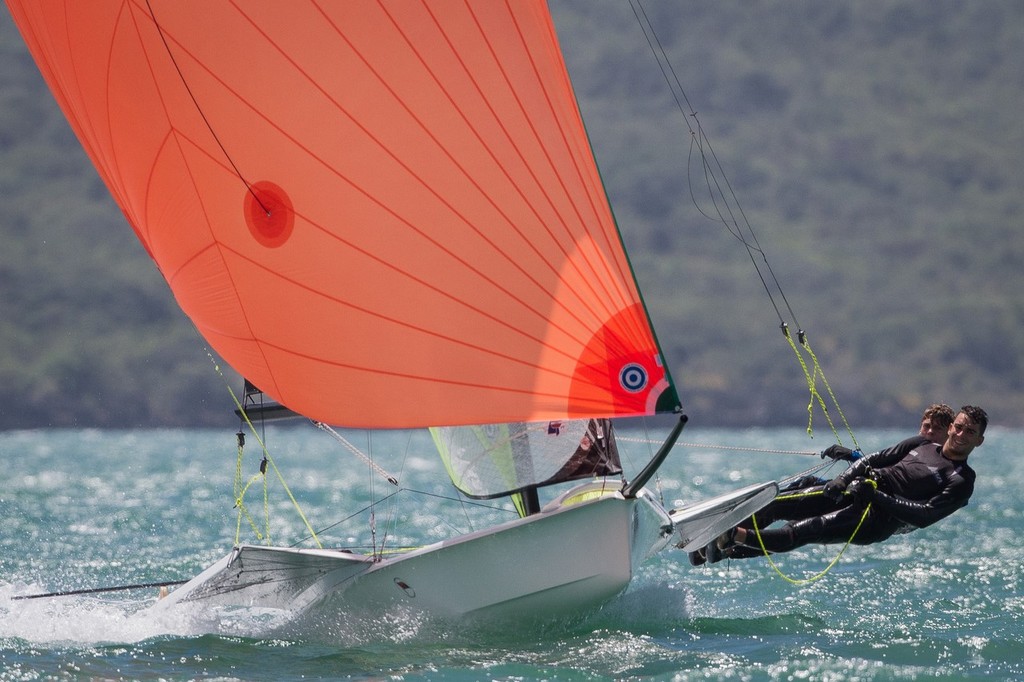 Marcus Hansen and Josh Porebski sail their 49er at Oceanbridge Sail Auckland 2013. Auckland, New Zealand, 2 February 2013. Photo: Gareth Cooke/Subzero photo copyright Gareth Cooke - Subzero Images http://www.subzeroimages.com taken at  and featuring the  class